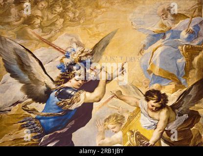 NAPLES, ITALIE - 20 AVRIL 2023 : le détail de la peinture de la chute des Anges rebelles dans l'église Chiesa dell' Ascensione a Chiaia de Luca Giordano Banque D'Images