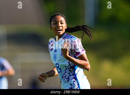 Stade Gladsaxe, Copenhague, Danemark. 05 juillet 2023. Salma Paralluelo (Espagne) regarde lors d’un match amical féminin de l’UEFA, Danemark vs Espagne, au Gladsaxe Stadium, Copenhague, Danemark. Kim Price/CSM/Alamy Live News Banque D'Images