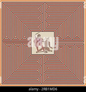Labyrinthe mosaïque de Thésée de Salzbourg, Autriche, élaboration graphique de mosaïque ancienne de la villa romaine de Loigersfelder, illustration Banque D'Images