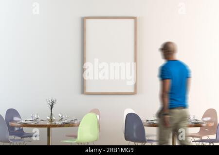 Intérieur de café ou de restaurant avec affiche verticale vierge sur le mur blanc. Vue avant. Chemin de détourage autour de la maquette d'affiche. Banque D'Images