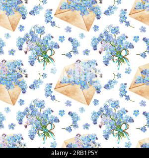Aquarelle modèle sans couture avec Forget Me Nots, illustration botanique.Perfect pour les cartes de voeux, couvertures, impressions, motifs, scrapbooking, journal Banque D'Images