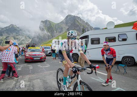 Col de Tourmalet, France, 6 juillet 2023, WOUT POELS de BAHREÏN VICTORIEUX sur le Col du Tourmalet lors de l'étape 6, 145km, Tarbes à Cauterets Cambasque lors de la 110e édition du Tour de France crédit : Nick Phipps/Alamy Live News Banque D'Images