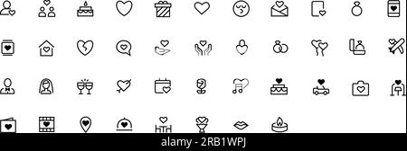 Ensemble simple d'icônes de ligne de vecteur d'amour. Lettre romantique, couple heureux, bague, cadeau, coeur brisé, icône lune de miel. Contour modifiable. Illustration de Vecteur
