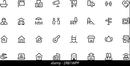 Jeu d'icônes Web de ligne immobilière. Inclus immobilier, propriété, hypothèque, icônes de prêt immobilier. Collection d'icônes de contour. Illustration vectorielle simple. Illustration de Vecteur