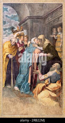 NAPLES, ITALIE - 23 AVRIL 2023 : la fresque de la Visitation dans l'église Chiesa di San Giovanni a Carbonara par un peintre maniériste inconnu Banque D'Images