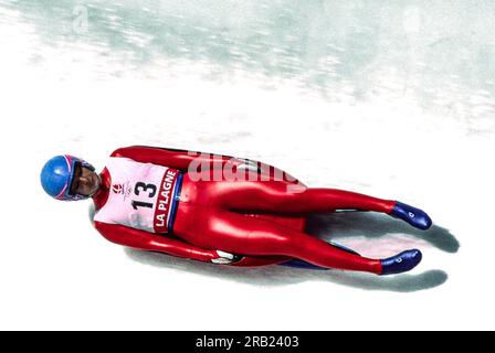 Nadezhda Danilina (EUN) lors de la compétition de luge simple féminine aux Jeux Olympiques d'hiver de 1992 Banque D'Images