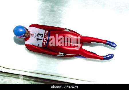 Nadezhda Danilina (EUN) lors de la compétition de luge simple féminine aux Jeux Olympiques d'hiver de 1992 Banque D'Images