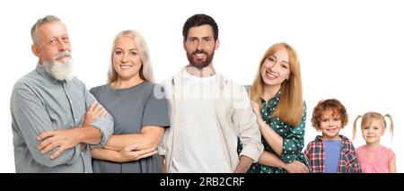 Personnes d'âges différents sur fond blanc. Trois générations de famille Banque D'Images