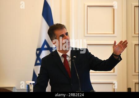 Athènes, Grèce. 06 juillet 2023. Ministre des Affaires étrangères d'Israël Eli Cohen lors des déclarations à la presse. (Photo de Dimitrios Karvountzis/Pacific Press) crédit : Pacific Press Media production Corp./Alamy Live News Banque D'Images