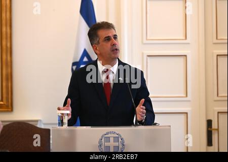 Athènes, Grèce. 06 juillet 2023. Ministre des Affaires étrangères d'Israël Eli Cohen lors des déclarations à la presse. (Photo de Dimitrios Karvountzis/Pacific Press) crédit : Pacific Press Media production Corp./Alamy Live News Banque D'Images