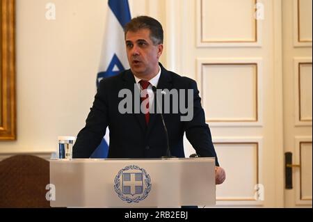 Athènes, Grèce. 06 juillet 2023. Ministre des Affaires étrangères d'Israël Eli Cohen lors des déclarations à la presse. (Photo de Dimitrios Karvountzis/Pacific Press) crédit : Pacific Press Media production Corp./Alamy Live News Banque D'Images