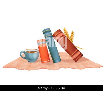 Composition retour à l'école. Une tasse de thé chaud, une pile de livres, des épis de blé sur un plaid tartan. Temps de récolte, humeur d'automne. Pour affiches, sites Web Banque D'Images