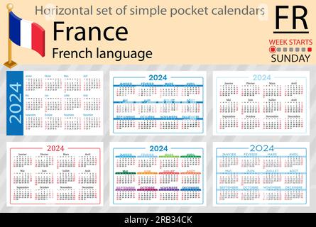 Jeu horizontal français de calendrier de poche pour 2024 (deux mille vingt-quatre). La semaine commence dimanche. Nouvel an. Conception simple de couleur. Vecteur Illustration de Vecteur