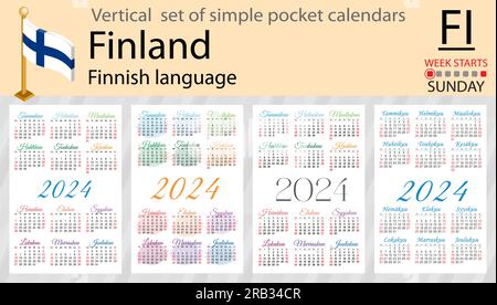 Ensemble vertical finlandais de calendrier de poche pour 2024 (deux mille vingt-quatre). La semaine commence dimanche. Nouvel an. Conception simple de couleur. Vecteur Illustration de Vecteur