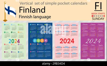 Ensemble vertical finlandais de calendrier de poche pour 2024 (deux mille vingt-quatre). La semaine commence dimanche. Nouvel an. Conception simple de couleur. Vecteur Illustration de Vecteur