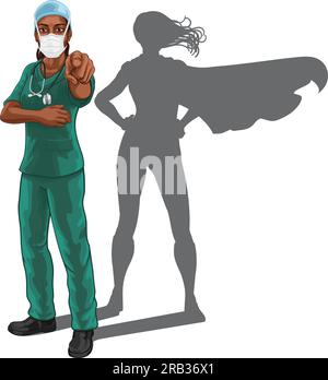 Super Hero Black Woman Docteur ou infirmière pointant Illustration de Vecteur