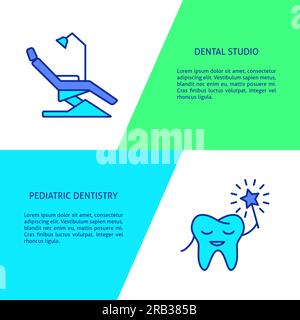 Modèles de dépliant de clinique dentaire familiale dans le style de la ligne. Cabinet stomatologique et odontologie pédiatrique. Illustration vectorielle. Illustration de Vecteur