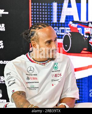 Towcester, Royaume-Uni. 06 juillet 2023. Silverstone, Towcester, Northamptonshire, Royaume-Uni le 06 2023 juillet. Lewis Hamilton, Mercedes à la conférence de presse des pilotes lors du Grand Prix de Grande-Bretagne de Formule 1 Aramco à Silverstone, Towcester, Northamptonshire, Royaume-Uni le 06 2023 juillet. Crédit : Francis Knight/Alamy Live News Banque D'Images
