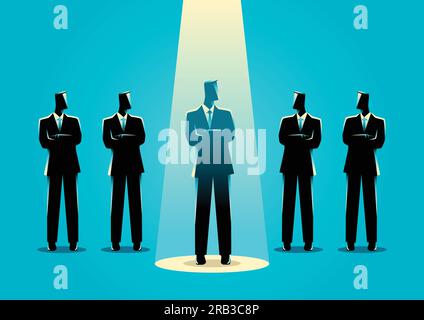 Illustration d'une silhouette d'homme d'affaires qui est mis en évidence parmi d'autres hommes d'affaires. Se démarquer de la foule, promotion, choisi, carrière, conc. Affaires Illustration de Vecteur