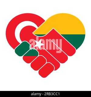 Symbole de poignée de main aux couleurs des drapeaux nationaux de Lituanie et de Turquie, formant un cœur. Illustration de Vecteur