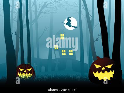 Silhouette d'illustration d'une maison de sorcière dans les bois sombres effrayants, pour Halloween thème ou fond Illustration de Vecteur