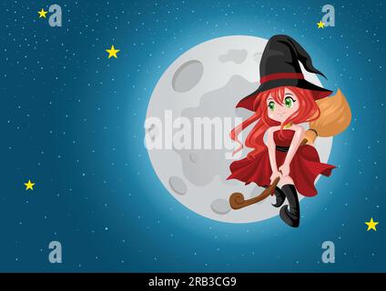 Mignon dessin animé d'une belle sorcière volant avec son balai pendant la pleine lune, pour Halloween thème et concept Illustration de Vecteur