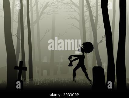 Illustration d'une silhouette de zombie marchant sur le cimetière dans des bois sombres, pour le thème d'Halloween ou de fond Illustration de Vecteur