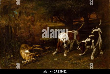 Gustave Courbet - chiens de chasse avec lièvre mort Gustave Courbet : Français, Ornans 1819–1877 la Tour-de-Peilz 1857 ; huile sur toile Banque D'Images