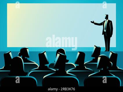 Illustration du concept d'entreprise d'un homme d'affaires donnant une présentation sur grand écran. Public, séminaire, thème de la conférence Illustration de Vecteur