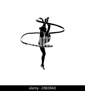 Gymnastique rythmique avec ruban plat vecteur sihouette. Icône de gymnastique rythmique noir et blanc sur fond blanc. Illustration de Vecteur