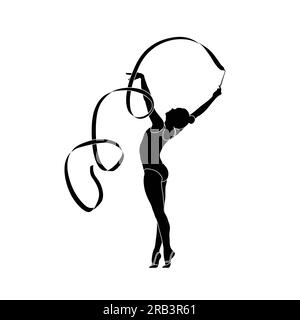 Gymnastique rythmique avec ruban plat vecteur sihouette. Icône de gymnastique rythmique noir et blanc sur fond blanc. Illustration de Vecteur