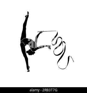 Gymnastique rythmique avec ruban plat vecteur sihouette. Icône de gymnastique rythmique noir et blanc sur fond blanc. Illustration de Vecteur