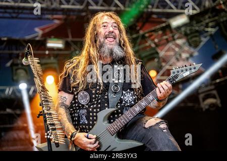 Oslo, Norvège. 22e, juin 2023. Le groupe de heavy Metal américain Soulfly donne un concert live lors du festival de musique norvégien tons of Rock 2023 à Oslo. Ici, le chanteur Max Cavalera est vu en direct sur scène. (Crédit photo : Gonzales photo - Terje Dokken). Banque D'Images