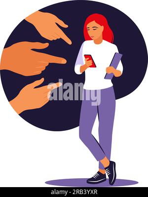 Le concept d'intimidation. L'opinion et la pression de la société. Dommage. Les mains des gens pointent vers la fille. Femme non confiante. Vecteur. Plat Illustration de Vecteur