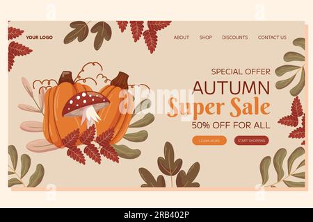 Conception d'événement de modèle de page d'atterrissage Super sale d'automne. Différentes feuilles branches, citrouilles et champignons volent agaric. Page Web avec offre spéciale pour le magasin en ligne Illustration de Vecteur