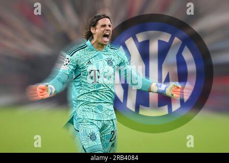 Munich, Deutschland. 07 juillet 2023. MONTAGE PHOTO : Inter entame des discussions avec le gardien du Bayern Sommer. PHOTO D’ARCHIVE : Goalwart Yann SOMMER (FC Bayern Munich), jubilation, joie, enthousiasme, action, image unique, motif unique recadré, demi-figure, demi-figure. Football Champions League/FC Bayern Munich-Paris Saint Germain (PSG) 2-0 manches de 16 deuxième manche le 8 mars 2023, ALLIANZAREN A. ? Crédit : dpa/Alamy Live News Banque D'Images