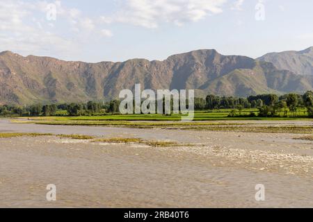 Inondation de la rivière le long des champs agricoles dans la campagne du Pakistan Banque D'Images