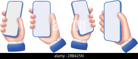 Maquette de téléphone portable dans la main. Main de dessin animé tenant smartphone avec écran vide et cadre bleu autour de l'affichage, ensemble de modèles vectoriels de vitrine d'application Illustration de Vecteur