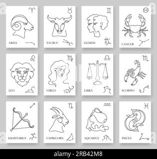 Signes continus du zodiaque d'une ligne. Cartes horoscope minimalistes avec symbole du zodiaque, illustration et ensemble d'art vectoriel de contour de constellations Illustration de Vecteur