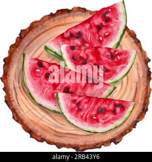 Composition avec des morceaux de pastèque et une souche en bois. Vue d'en haut. Collection de fruits.Journée nationale de la pastèque.août 3. Illustration de Vecteur