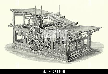 Une vieille gravure montrant une presse à deux révolutions de Campbell Printing & Manufacturing Company c.1870. Il est tiré d'un livre de génie mécanique des années 1880 Andrew Campbell (1821-1890) était un inventeur et fabricant important de presses à imprimer et a été président de la Campbell Printing Press Company de Brooklyn, New York, États-Unis. Il a inventé la machine d'alimentation par presse en 1853. En 1861, son entreprise construisit la « Campbell Country Press », qui devint largement utilisée dans tout le pays par les éditeurs de journaux. En 1866, il crée la presse à livres à deux révolutions. Banque D'Images