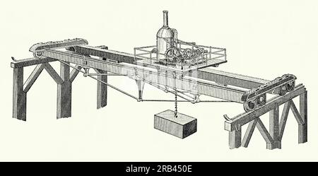 Gravure ancienne d'un pont, d'une grue suspendue ou de voyage des années 1800, trouvée dans les usines, les fonderies et les cours. Il est tiré d'un livre de génie mécanique victorien des années 1880 La grue se compose de deux rails parallèles reposant sur des poutres longitudinales en I fixées à des colonnes en acier opposées au moyen de supports. Le pont roulant enjambe l'écart. Un palan, l'élément de levage d'une grue, se déplace le long du pont. Si le pont est soutenu de manière rigide sur des jambes fonctionnant sur deux rails fixes au niveau du sol, la grue est appelée portique ou grue goliath. Cette grue a une machine à vapeur fournissant de l'énergie. Banque D'Images