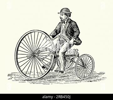 Une vieille gravure d'un homme sur un tricycle victorien inhabituel. Il est tiré d'un livre de génie mécanique des années 1880 La conception de cette machine à direction avant est inhabituelle car la plupart des premiers trois roues avaient deux grandes roues à l'arrière plutôt qu'une à l'avant. Cette conception comprenait également un guidon relié aux bielles de direction - encore une fois inhabituel pour un trike précoce. La machine est entraînée par un mouvement avant/arrière avec les pieds dans des étriers avec des bielles plutôt que par pédalage. Un vélocipède à trois roues avec direction avant était souvent appelé un «plectocycle». Banque D'Images