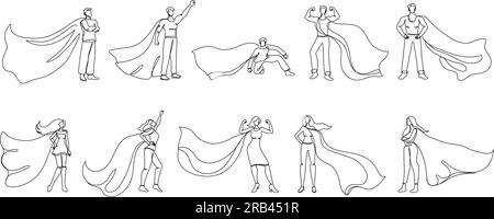 Super-héros continus d'une ligne. Super femme et homme avec cape en tissu de héros, leader fort dans l'ensemble d'illustration vectorielle de pose de super-héros Illustration de Vecteur
