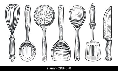 Ensemble d'outils de cuisine pour la cuisine, style de gravure ancien. Esquissez une illustration vectorielle vintage pour le menu du restaurant ou du dîner Illustration de Vecteur