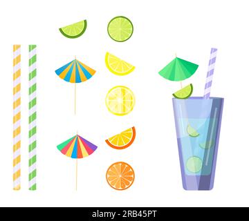 Set pour un cocktail, jus de fruits fraîchement pressés. Fruits, verre, pailles, parapluies à cocktails. Vecteur Illustration de Vecteur