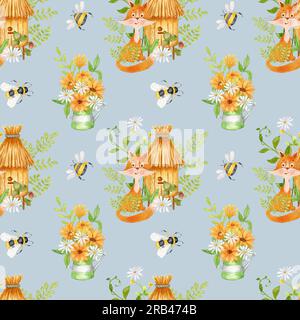 Un renard près d'une ruche avec des fleurs. Motif aquarelle sans couture avec des abeilles, un renard et un bouquet de tournesols dans un arrosoir métallique. Design pour enfants Banque D'Images