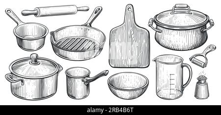 Ustensiles de cuisine dans le style de gravure vintage. Concept de cuisine. Illustration vectorielle d'esquisse Illustration de Vecteur