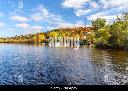 Bateaux à moteur dans un port smal le long des rives boisées du lac pendant la saison des couleurs d'automne Banque D'Images