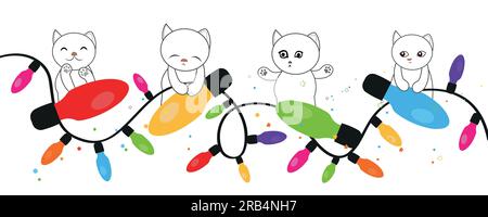 Chats mignons tenant ampoule de lumières de Noël. Bonne année et carte de voeux Joyeux Noël Illustration de Vecteur